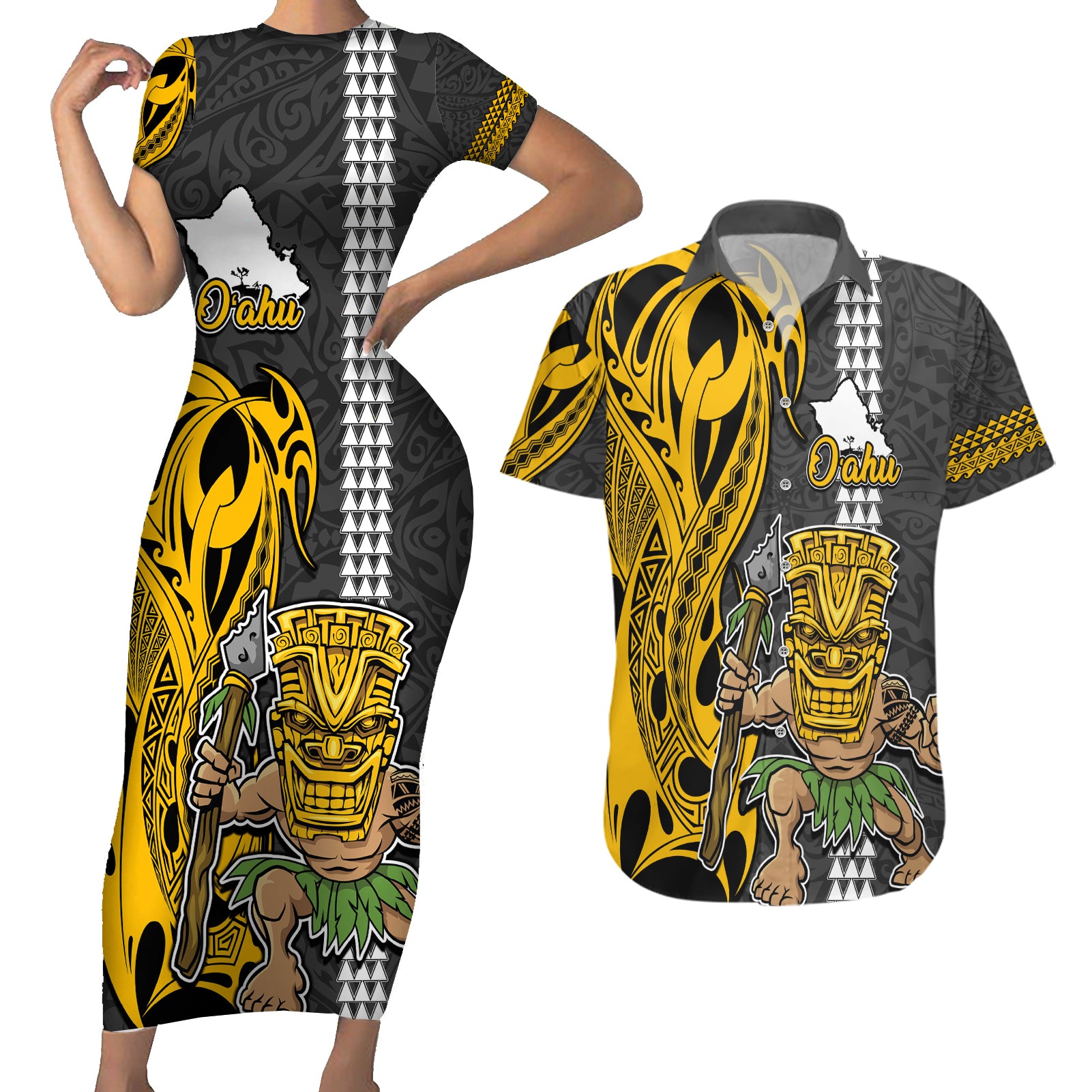 Hawaii Oahu Island Couples Matching Short Sleeve Bodycon Dress and Hawaiian Shirt Hawaiian Warrior and Kakau Symbols Abstract Tattoo LT03 Yellow - Polynesian Pride