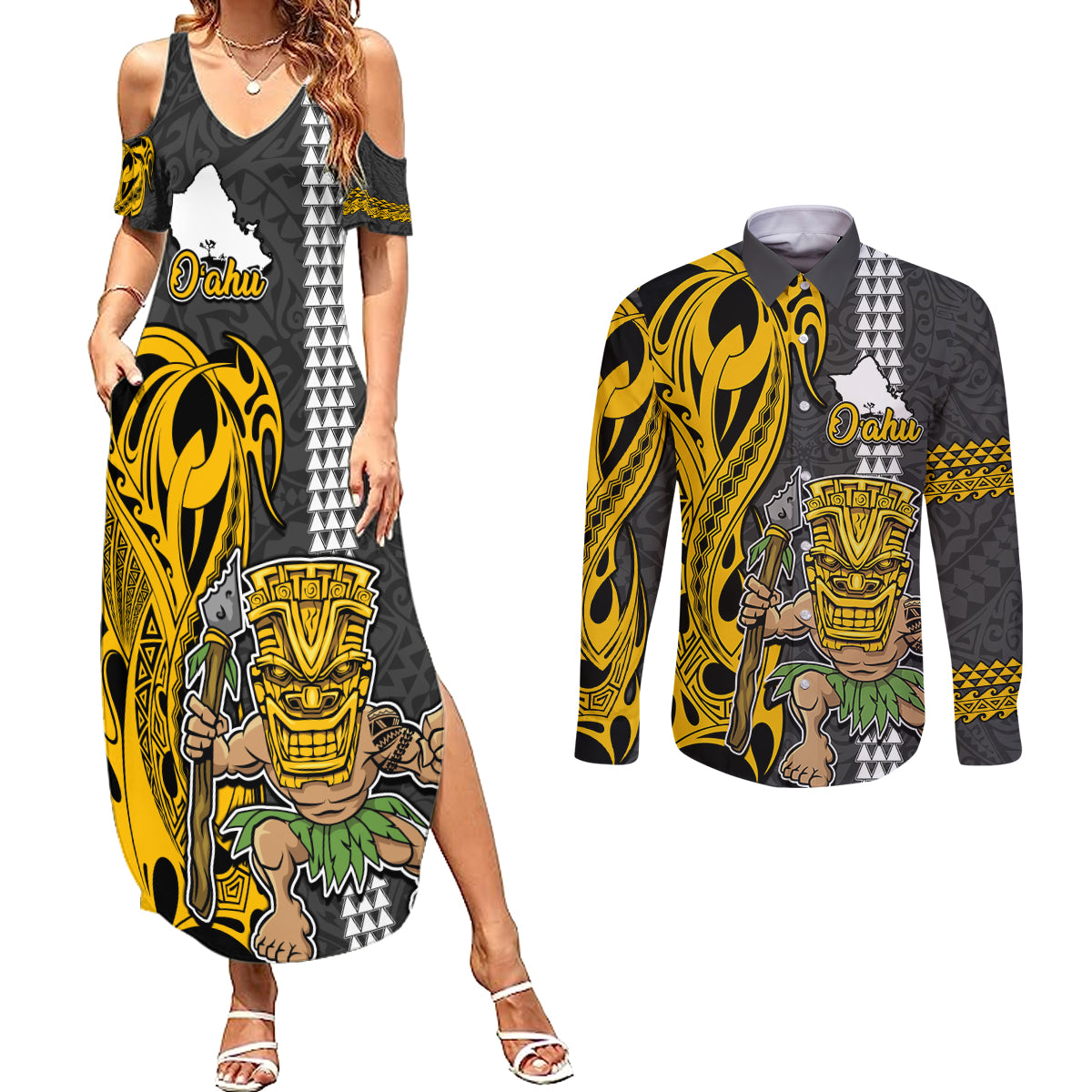 Hawaii Oahu Island Couples Matching Summer Maxi Dress and Long Sleeve Button Shirts Hawaiian Warrior and Kakau Symbols Abstract Tattoo LT03 Yellow - Polynesian Pride
