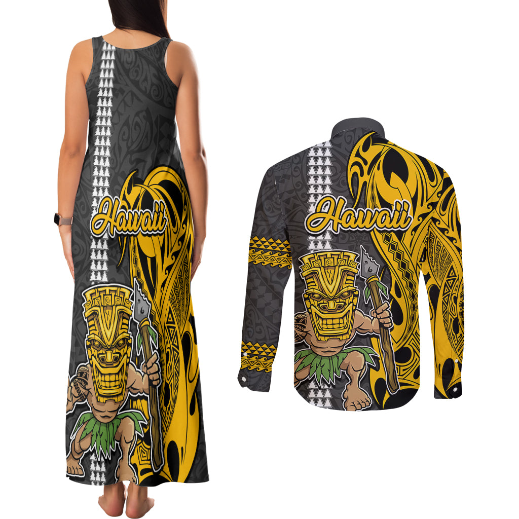 Hawaii Oahu Island Couples Matching Tank Maxi Dress and Long Sleeve Button Shirts Hawaiian Warrior and Kakau Symbols Abstract Tattoo LT03 - Polynesian Pride