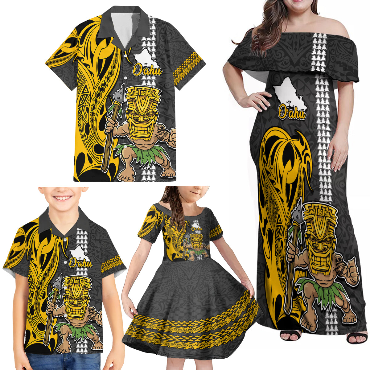 Hawaii Oahu Island Family Matching Off Shoulder Maxi Dress and Hawaiian Shirt Hawaiian Warrior and Kakau Symbols Abstract Tattoo LT03 - Polynesian Pride