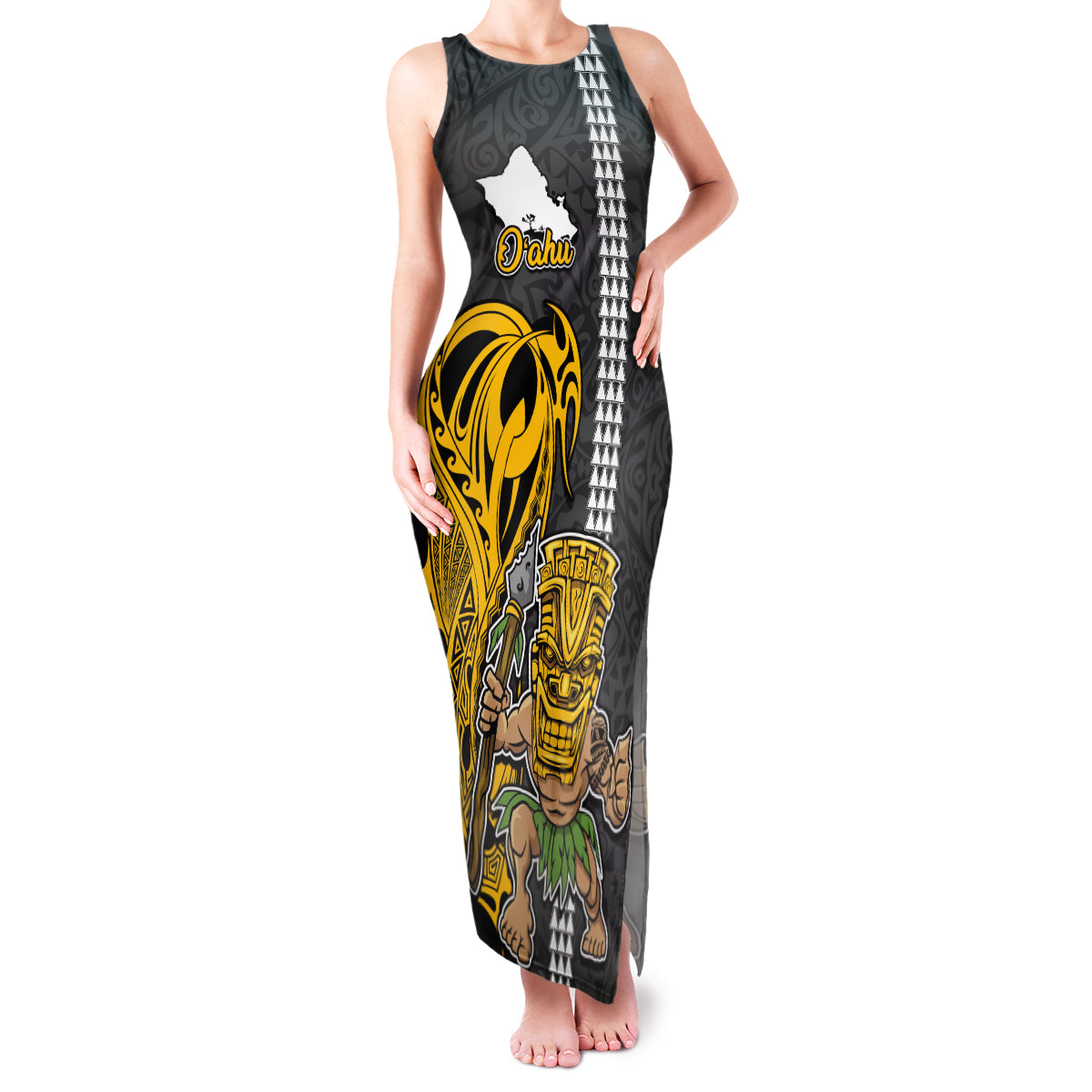 Hawaii Oahu Island Family Matching Tank Maxi Dress and Hawaiian Shirt Hawaiian Warrior and Kakau Symbols Abstract Tattoo LT03 Mom's Dress Yellow - Polynesian Pride