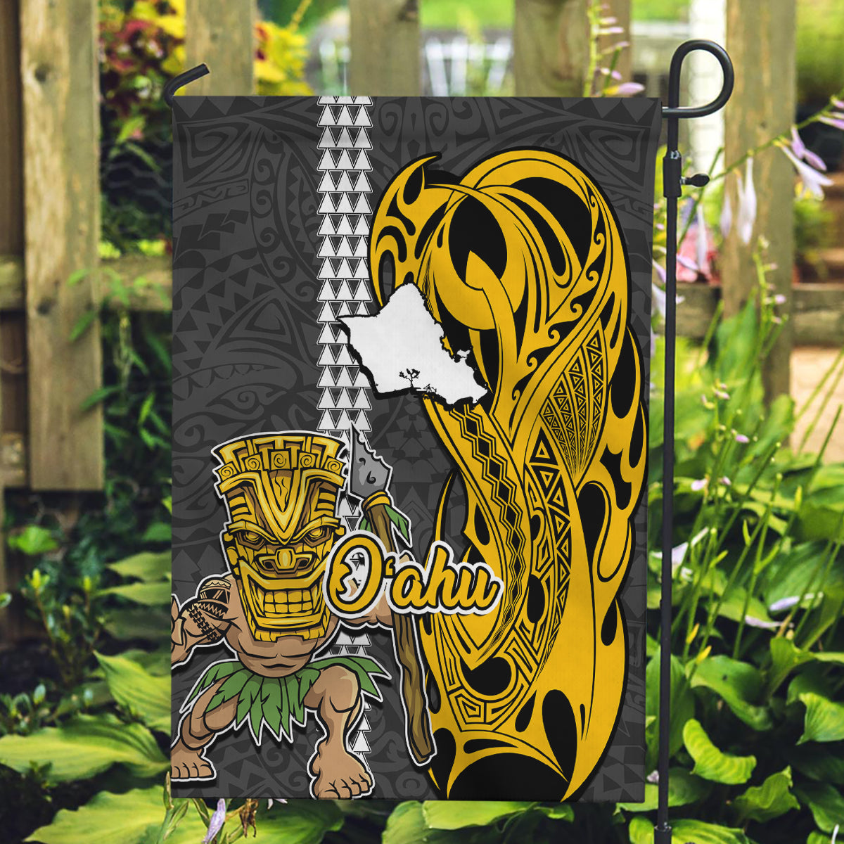 Hawaii Oahu Island Garden Flag Hawaiian Warrior and Kakau Symbols Abstract Tattoo LT03 Garden Flag Yellow - Polynesian Pride