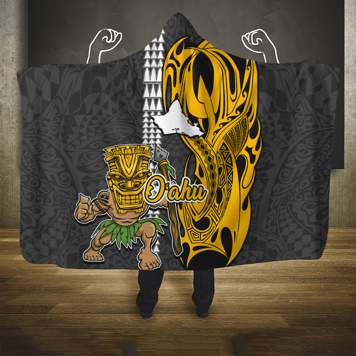 Hawaii Oahu Island Hooded Blanket Hawaiian Warrior and Kakau Symbols Abstract Tattoo LT03 One Size Yellow - Polynesian Pride