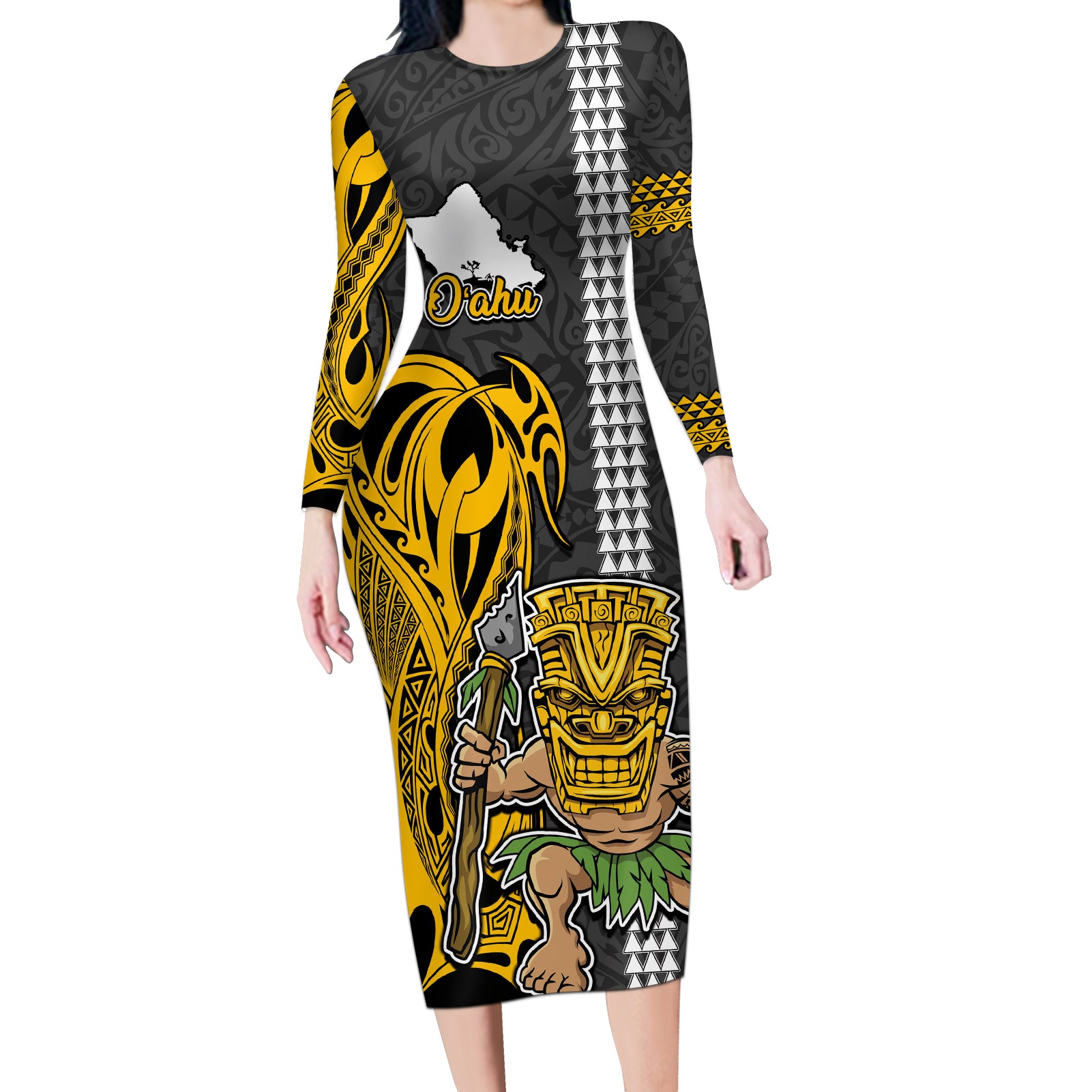 Hawaii Oahu Island Long Sleeve Bodycon Dress Hawaiian Warrior and Kakau Symbols Abstract Tattoo LT03 Long Dress Yellow - Polynesian Pride