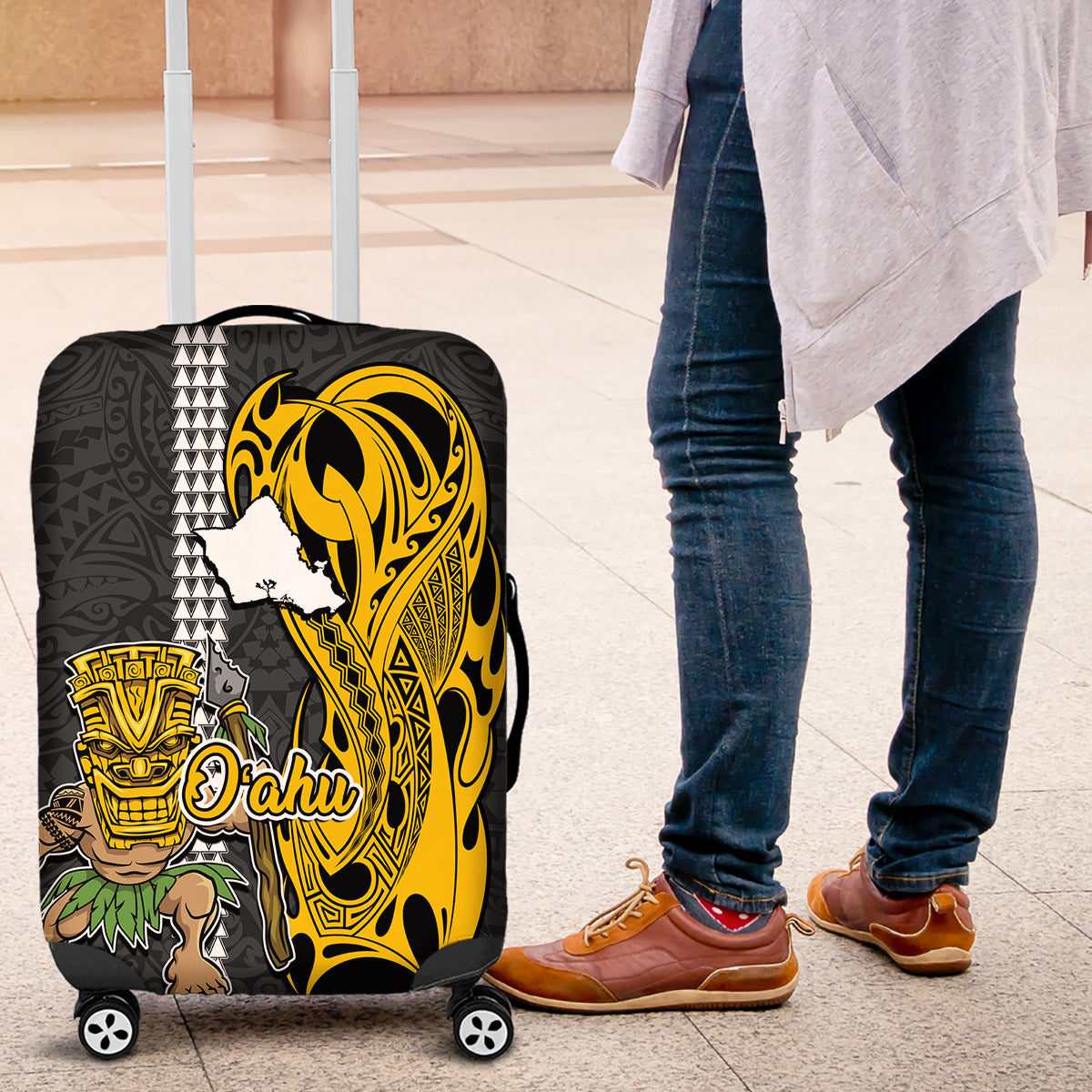 Hawaii Oahu Island Luggage Cover Hawaiian Warrior and Kakau Symbols Abstract Tattoo LT03 Yellow - Polynesian Pride