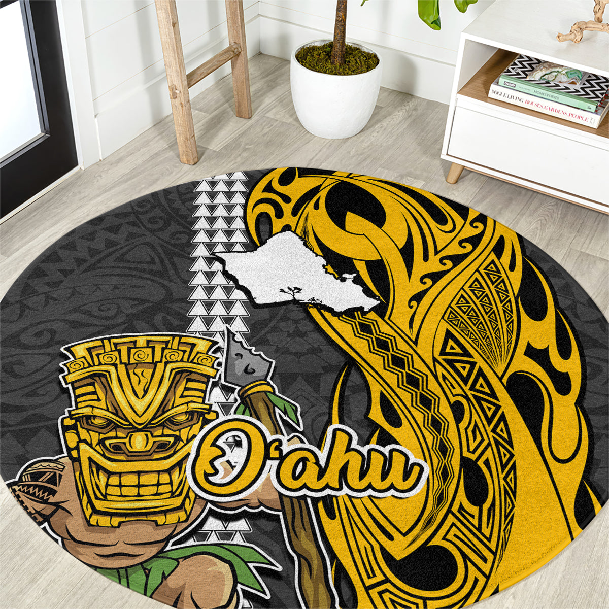 Hawaii Oahu Island Round Carpet Hawaiian Warrior and Kakau Symbols Abstract Tattoo LT03 Yellow - Polynesian Pride