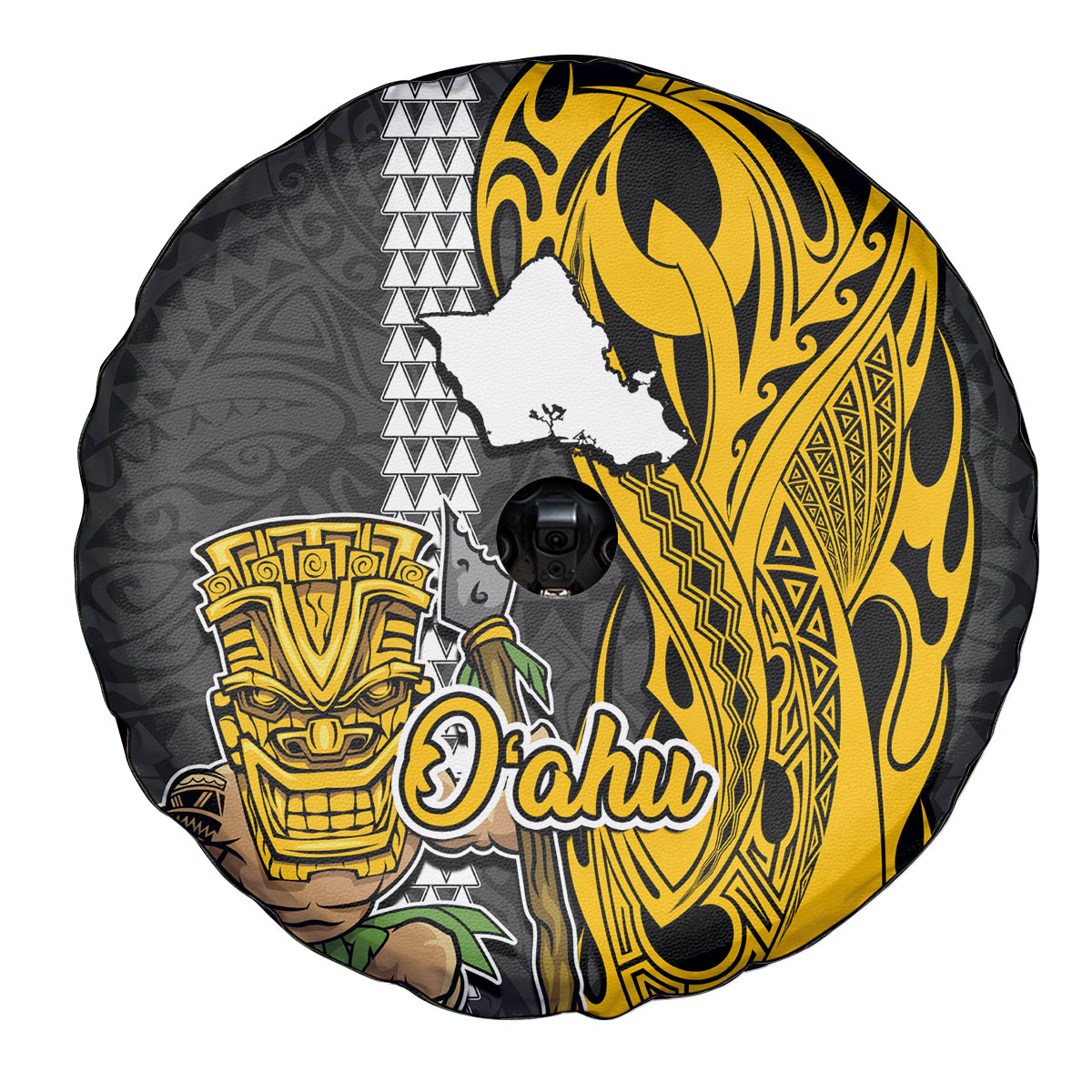 Hawaii Oahu Island Spare Tire Cover Hawaiian Warrior and Kakau Symbols Abstract Tattoo LT03 - Polynesian Pride