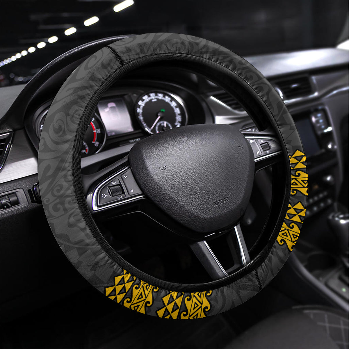 Hawaii Oahu Island Steering Wheel Cover Hawaiian Warrior and Kakau Symbols Abstract Tattoo