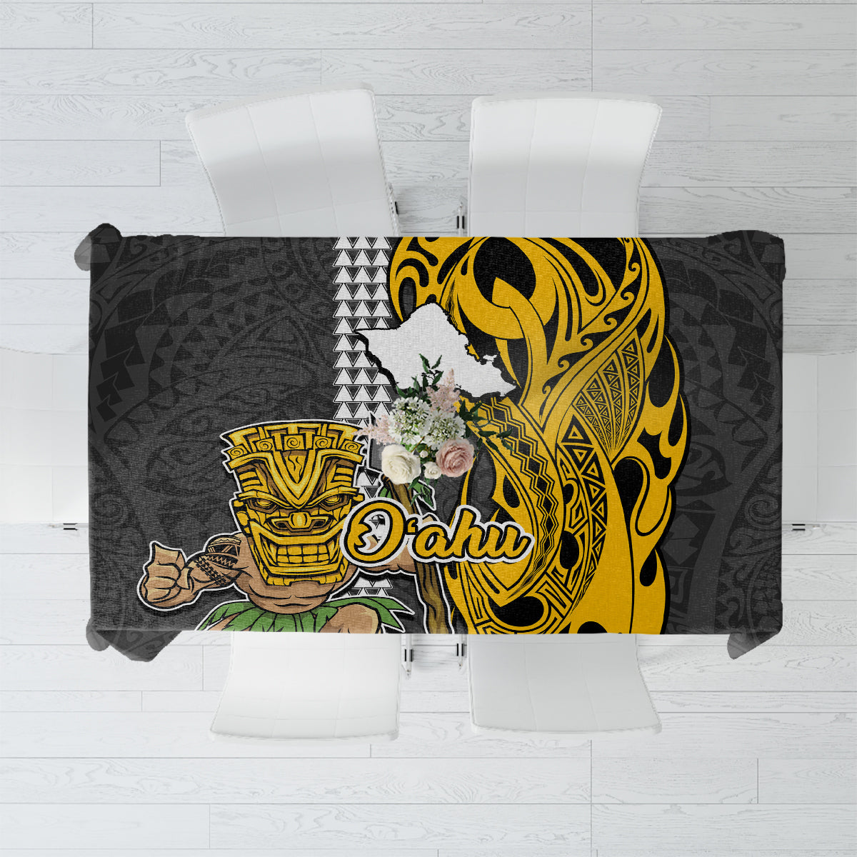 Hawaii Oahu Island Tablecloth Hawaiian Warrior and Kakau Symbols Abstract Tattoo LT03 Yellow - Polynesian Pride