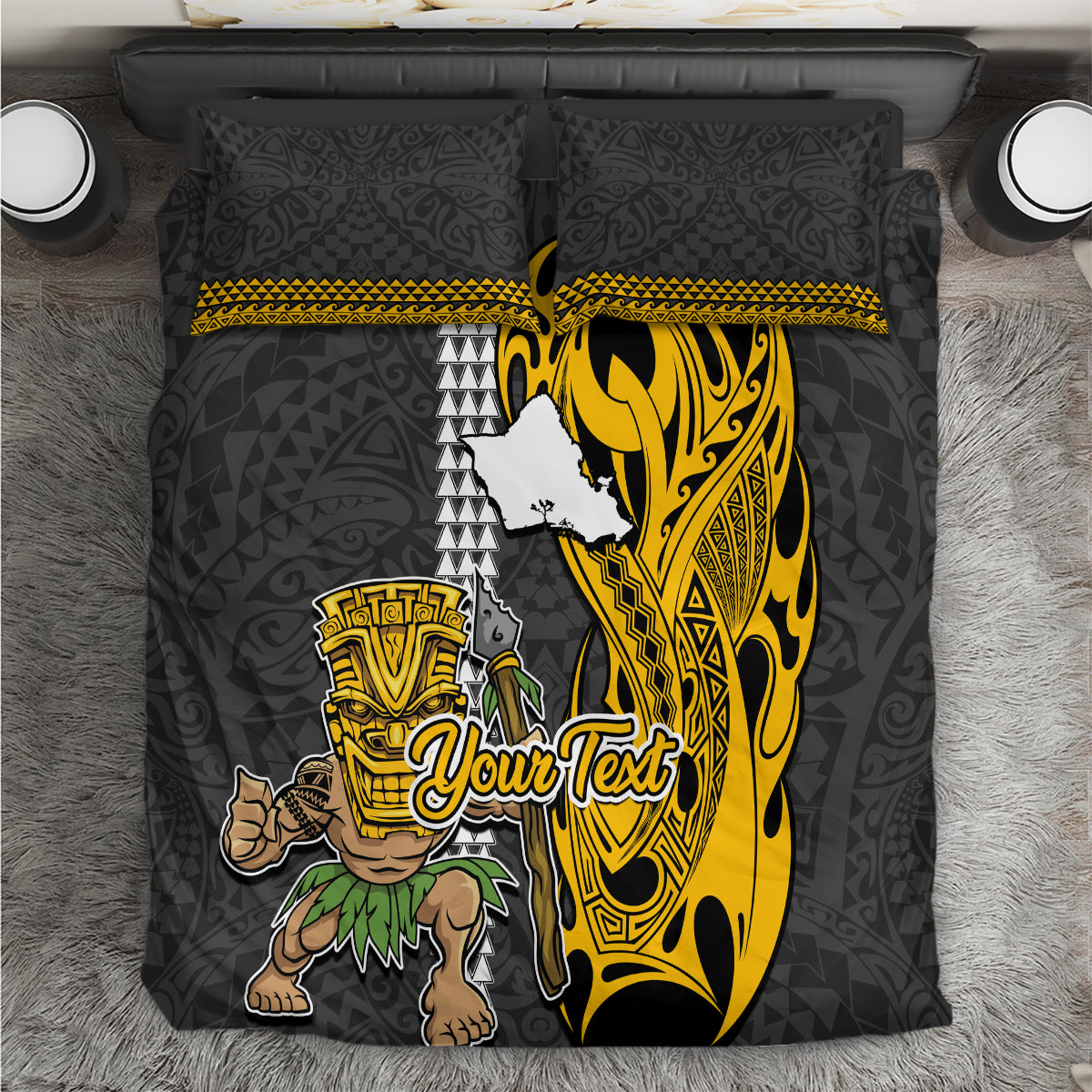 Custom Hawaii Oahu Island Bedding Set Hawaiian Warrior and Kakau Symbols Abstract Tattoo LT03 Yellow - Polynesian Pride