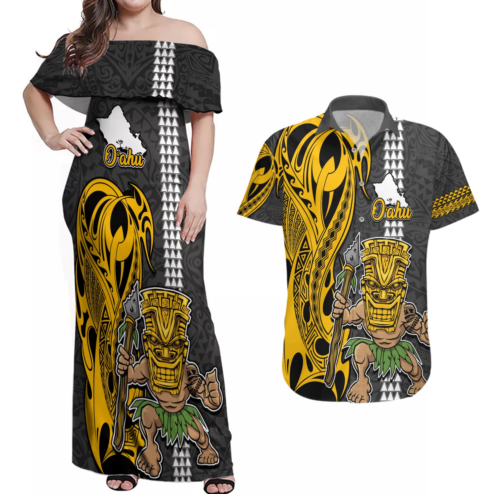 Custom Hawaii Oahu Island Couples Matching Off Shoulder Maxi Dress and Hawaiian Shirt Hawaiian Warrior and Kakau Symbols Abstract Tattoo LT03 Yellow - Polynesian Pride