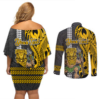 Custom Hawaii Oahu Island Couples Matching Off Shoulder Short Dress and Long Sleeve Button Shirts Hawaiian Warrior and Kakau Symbols Abstract Tattoo LT03 - Polynesian Pride