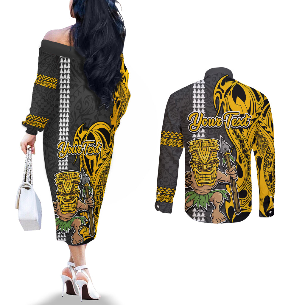 Custom Hawaii Oahu Island Couples Matching Off The Shoulder Long Sleeve Dress and Long Sleeve Button Shirts Hawaiian Warrior and Kakau Symbols Abstract Tattoo LT03 - Polynesian Pride