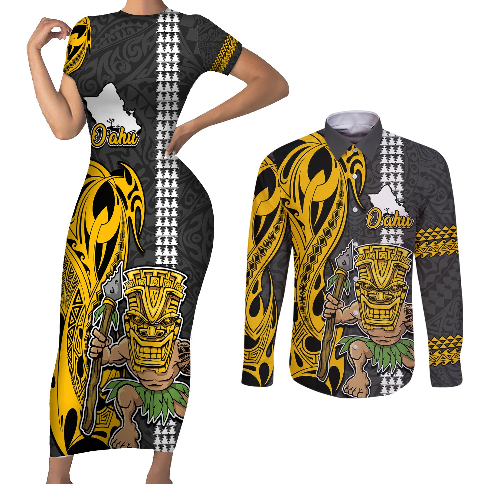 Custom Hawaii Oahu Island Couples Matching Short Sleeve Bodycon Dress and Long Sleeve Button Shirts Hawaiian Warrior and Kakau Symbols Abstract Tattoo LT03 Yellow - Polynesian Pride