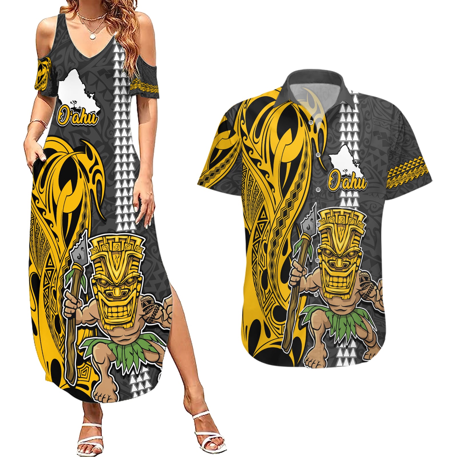 Custom Hawaii Oahu Island Couples Matching Summer Maxi Dress and Hawaiian Shirt Hawaiian Warrior and Kakau Symbols Abstract Tattoo LT03 Yellow - Polynesian Pride
