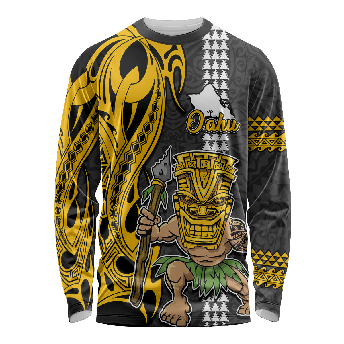 Custom Hawaii Oahu Island Long Sleeve Shirt Hawaiian Warrior and Kakau Symbols Abstract Tattoo LT03 Unisex Yellow - Polynesian Pride