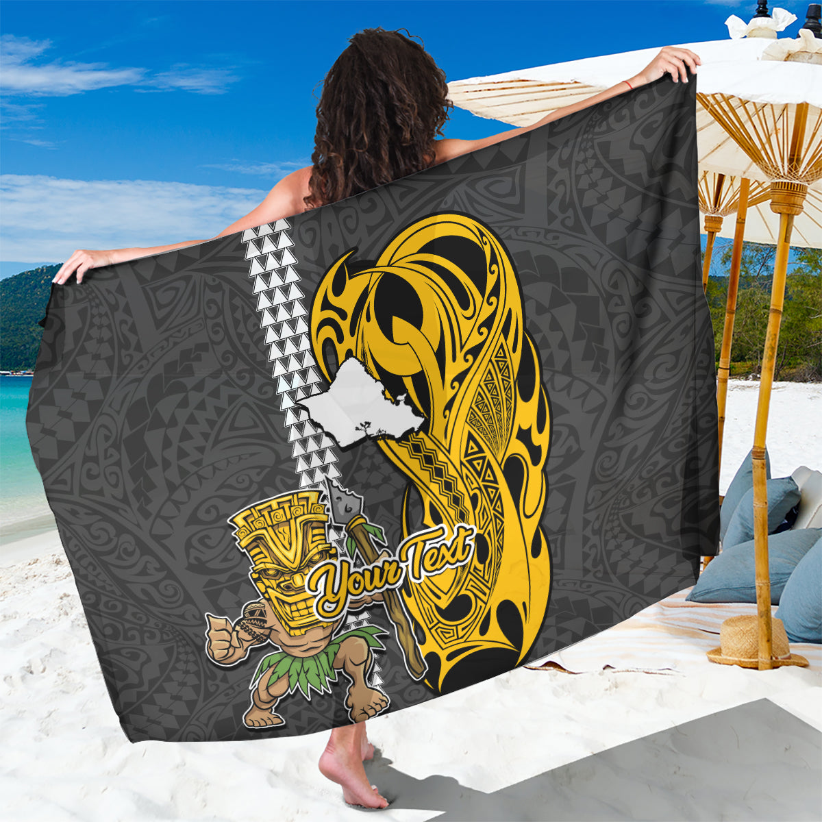 Custom Hawaii Oahu Island Sarong Hawaiian Warrior and Kakau Symbols Abstract Tattoo LT03 One Size 44 x 66 inches Yellow - Polynesian Pride