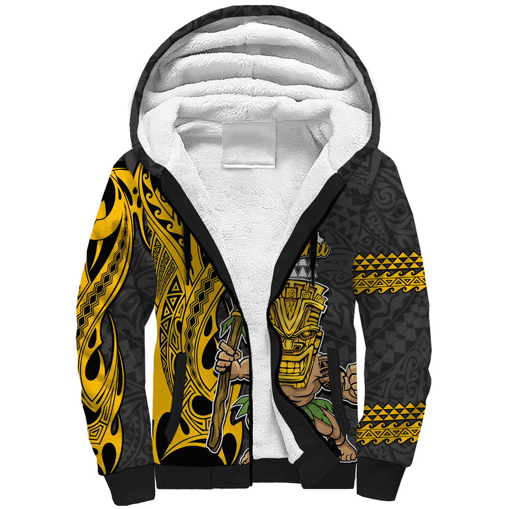 Custom Hawaii Oahu Island Sherpa Hoodie Hawaiian Warrior and Kakau Symbols Abstract Tattoo LT03 Unisex Yellow - Polynesian Pride