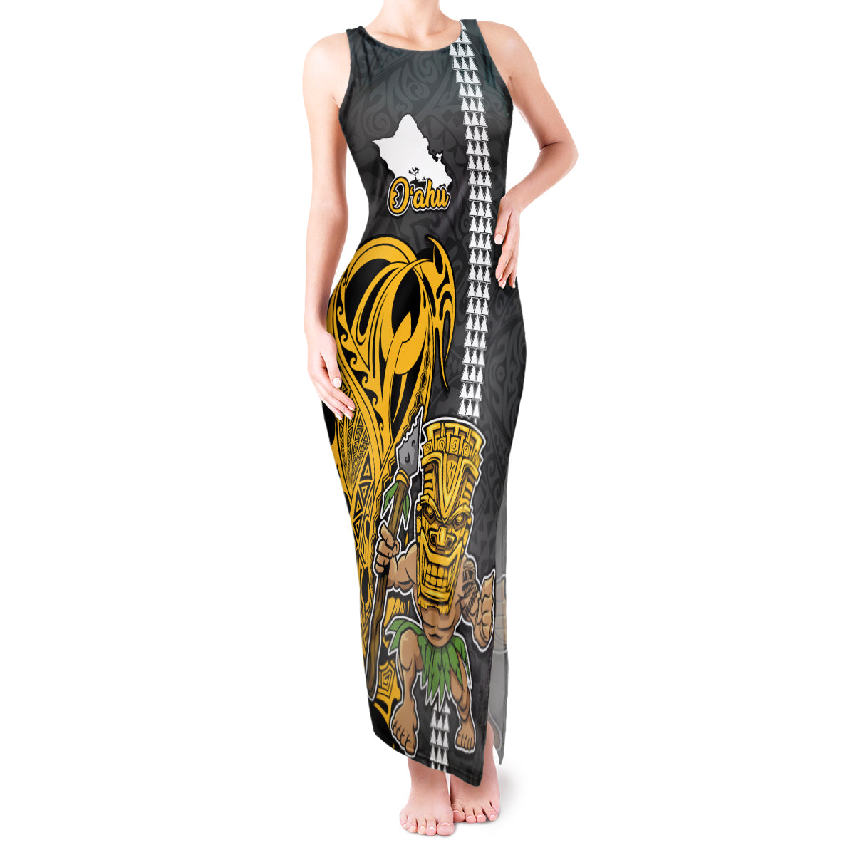 Custom Hawaii Oahu Island Tank Maxi Dress Hawaiian Warrior and Kakau Symbols Abstract Tattoo LT03 Women Yellow - Polynesian Pride