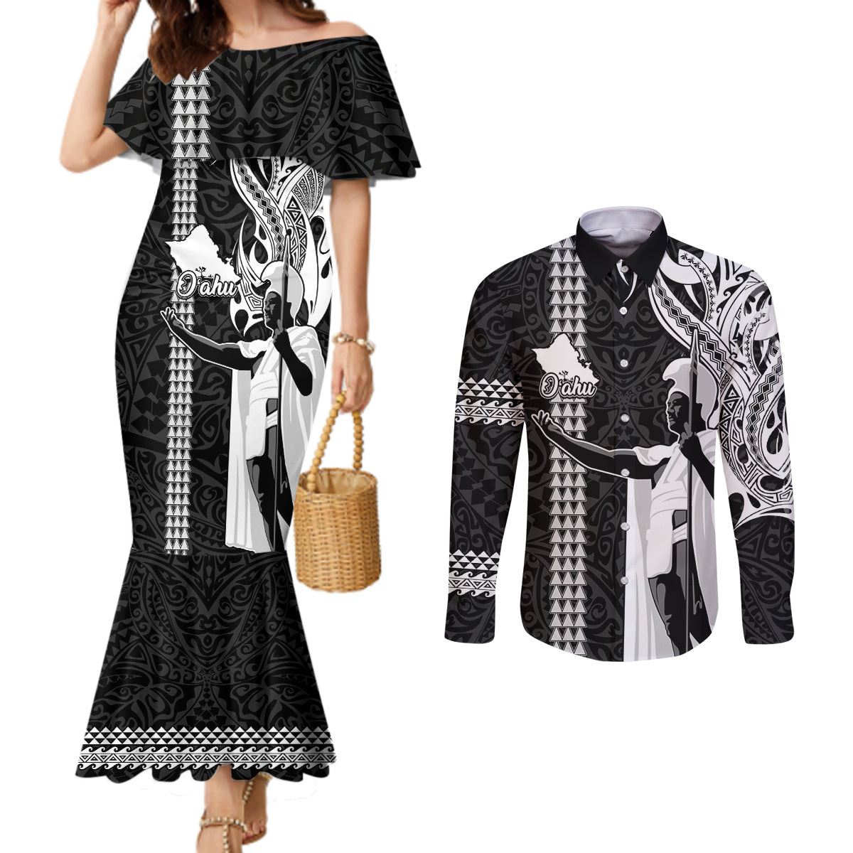 Hawaii Oahu Island Couples Matching Mermaid Dress and Long Sleeve Button Shirts Hawaiian King and Kakau Symbols Abstract Shoulder Tattoo LT03 Black - Polynesian Pride