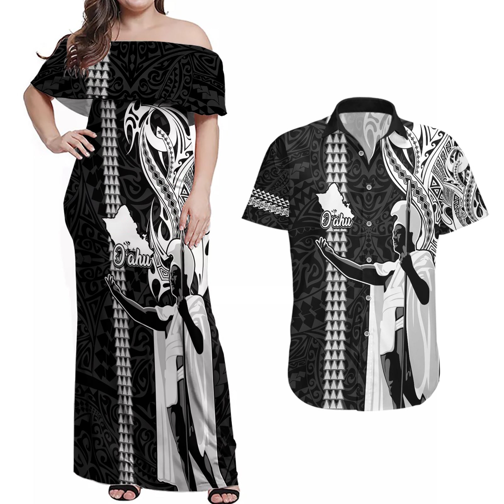 Hawaii Oahu Island Couples Matching Off Shoulder Maxi Dress and Hawaiian Shirt Hawaiian King and Kakau Symbols Abstract Shoulder Tattoo LT03 Black - Polynesian Pride