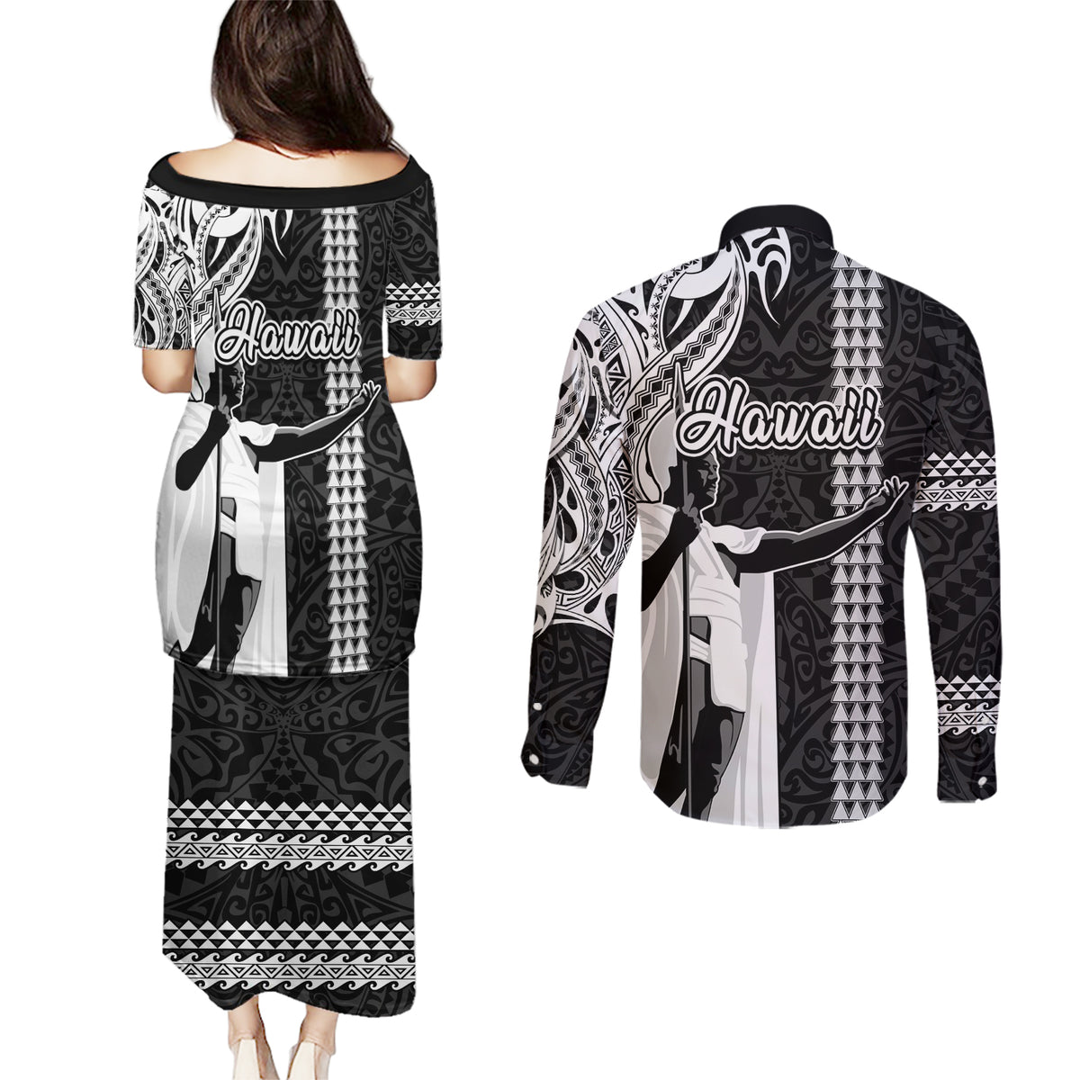 Hawaii Oahu Island Couples Matching Puletasi Dress and Long Sleeve Button Shirts Hawaiian King and Kakau Symbols Abstract Shoulder Tattoo LT03 - Polynesian Pride