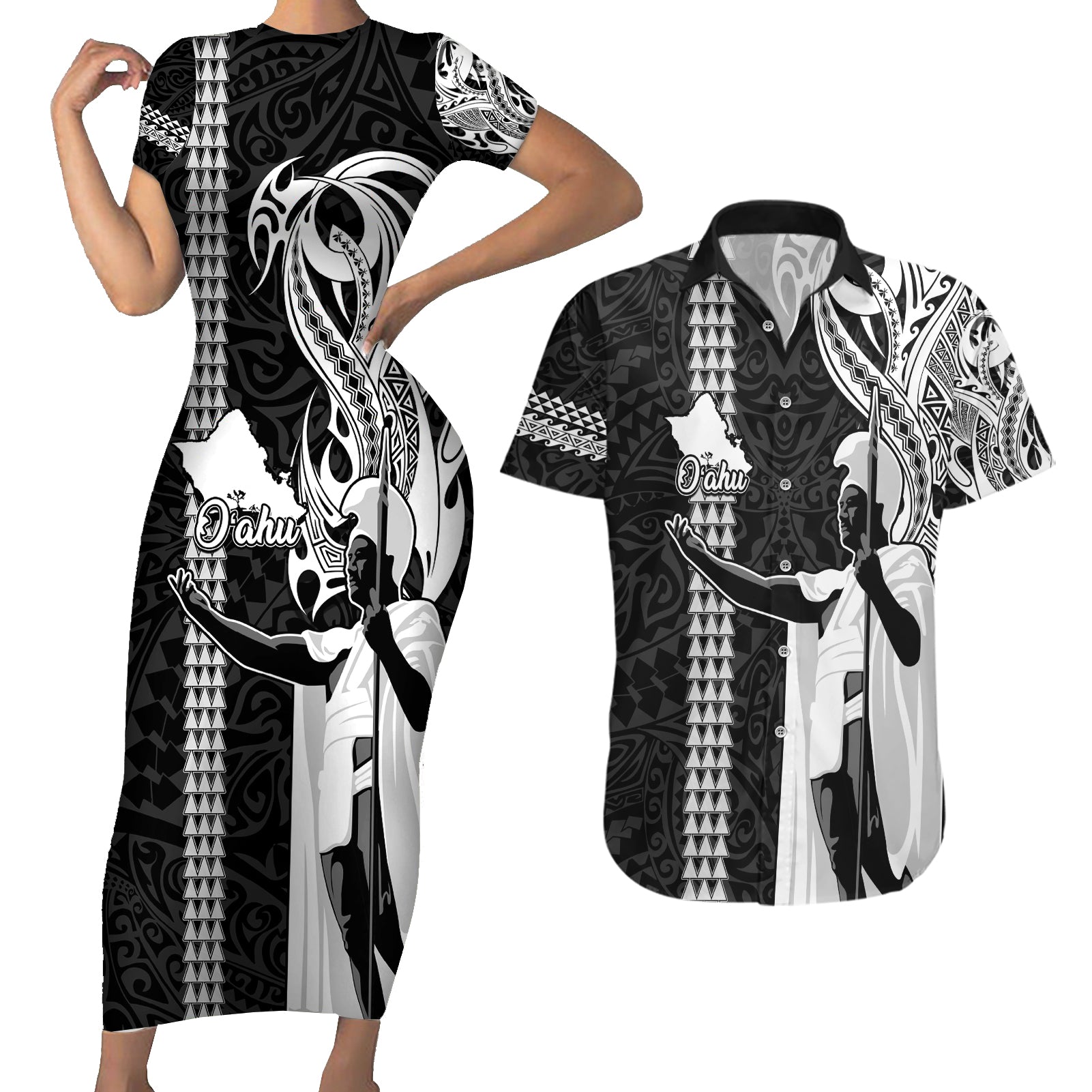 Hawaii Oahu Island Couples Matching Short Sleeve Bodycon Dress and Hawaiian Shirt Hawaiian King and Kakau Symbols Abstract Shoulder Tattoo LT03 Black - Polynesian Pride