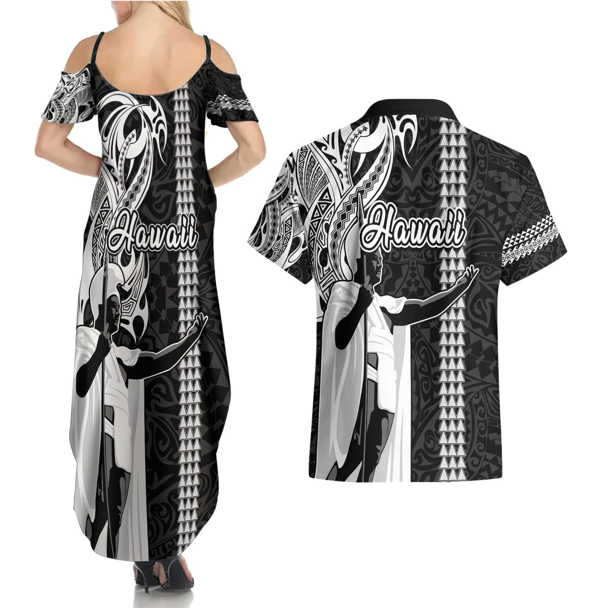Hawaii Oahu Island Couples Matching Summer Maxi Dress and Hawaiian Shirt Hawaiian King and Kakau Symbols Abstract Shoulder Tattoo LT03 - Polynesian Pride