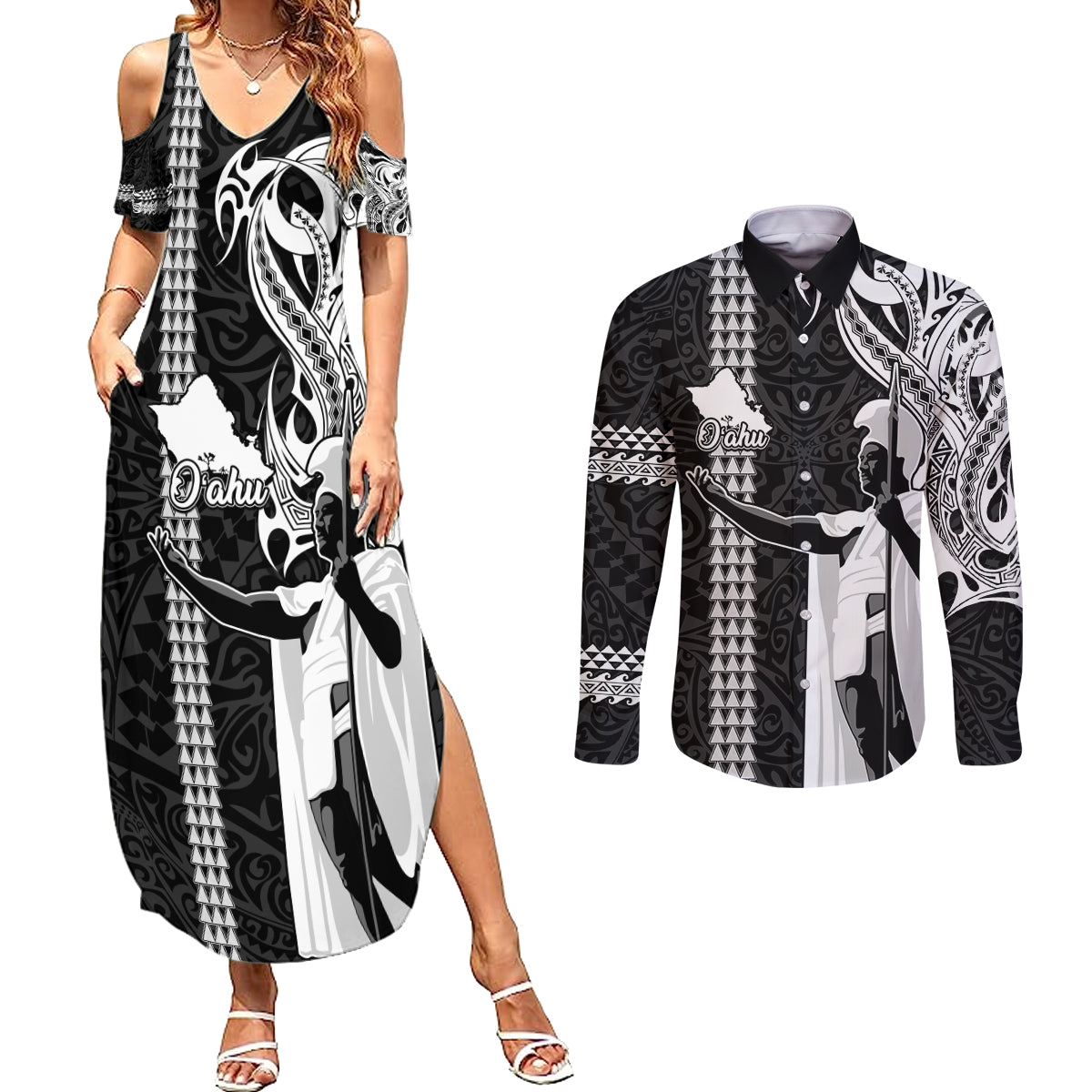 Hawaii Oahu Island Couples Matching Summer Maxi Dress and Long Sleeve Button Shirts Hawaiian King and Kakau Symbols Abstract Shoulder Tattoo LT03 Black - Polynesian Pride