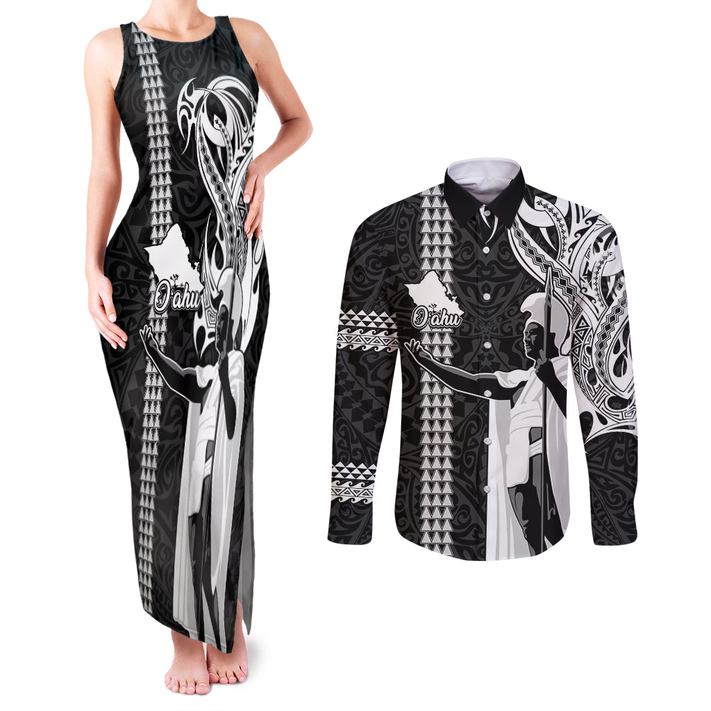 Hawaii Oahu Island Couples Matching Tank Maxi Dress and Long Sleeve Button Shirts Hawaiian King and Kakau Symbols Abstract Shoulder Tattoo LT03 Black - Polynesian Pride