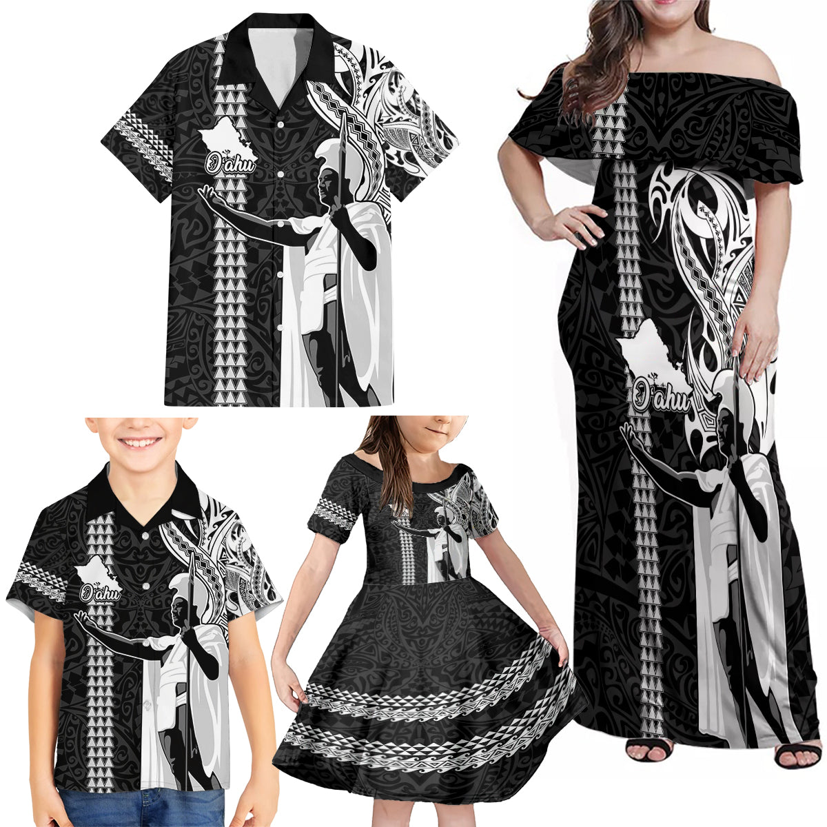 Hawaii Oahu Island Family Matching Off Shoulder Maxi Dress and Hawaiian Shirt Hawaiian King and Kakau Symbols Abstract Shoulder Tattoo LT03 - Polynesian Pride