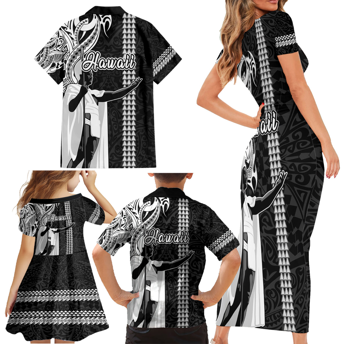 Hawaii Oahu Island Family Matching Short Sleeve Bodycon Dress and Hawaiian Shirt Hawaiian King and Kakau Symbols Abstract Shoulder Tattoo LT03 - Polynesian Pride