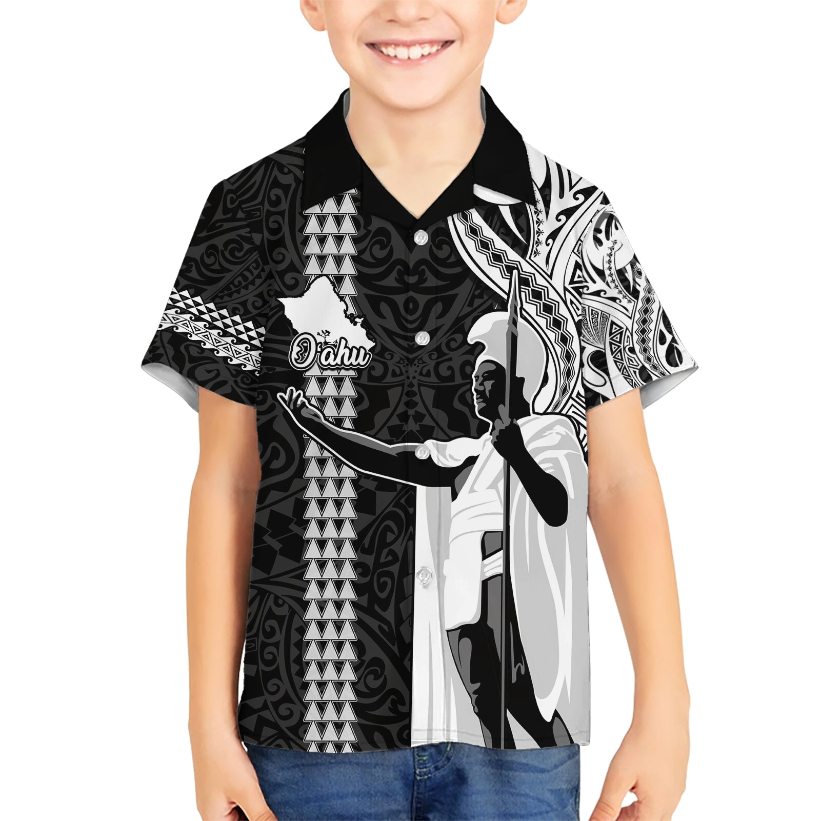 Hawaii Oahu Island Kid Hawaiian Shirt Hawaiian King and Kakau Symbols Abstract Shoulder Tattoo LT03 Kid Black - Polynesian Pride