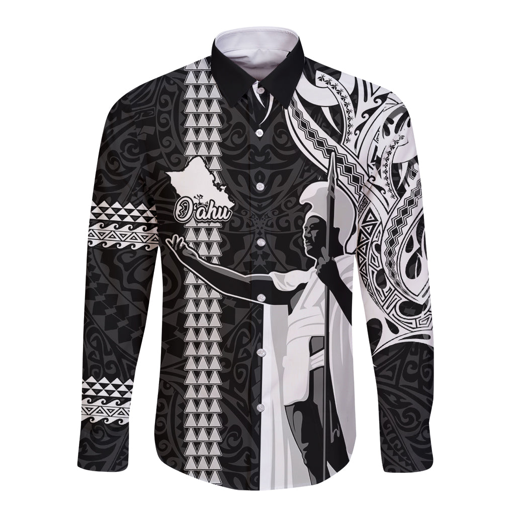 Hawaii Oahu Island Long Sleeve Button Shirt Hawaiian King and Kakau Symbols Abstract Shoulder Tattoo LT03 Unisex Black - Polynesian Pride