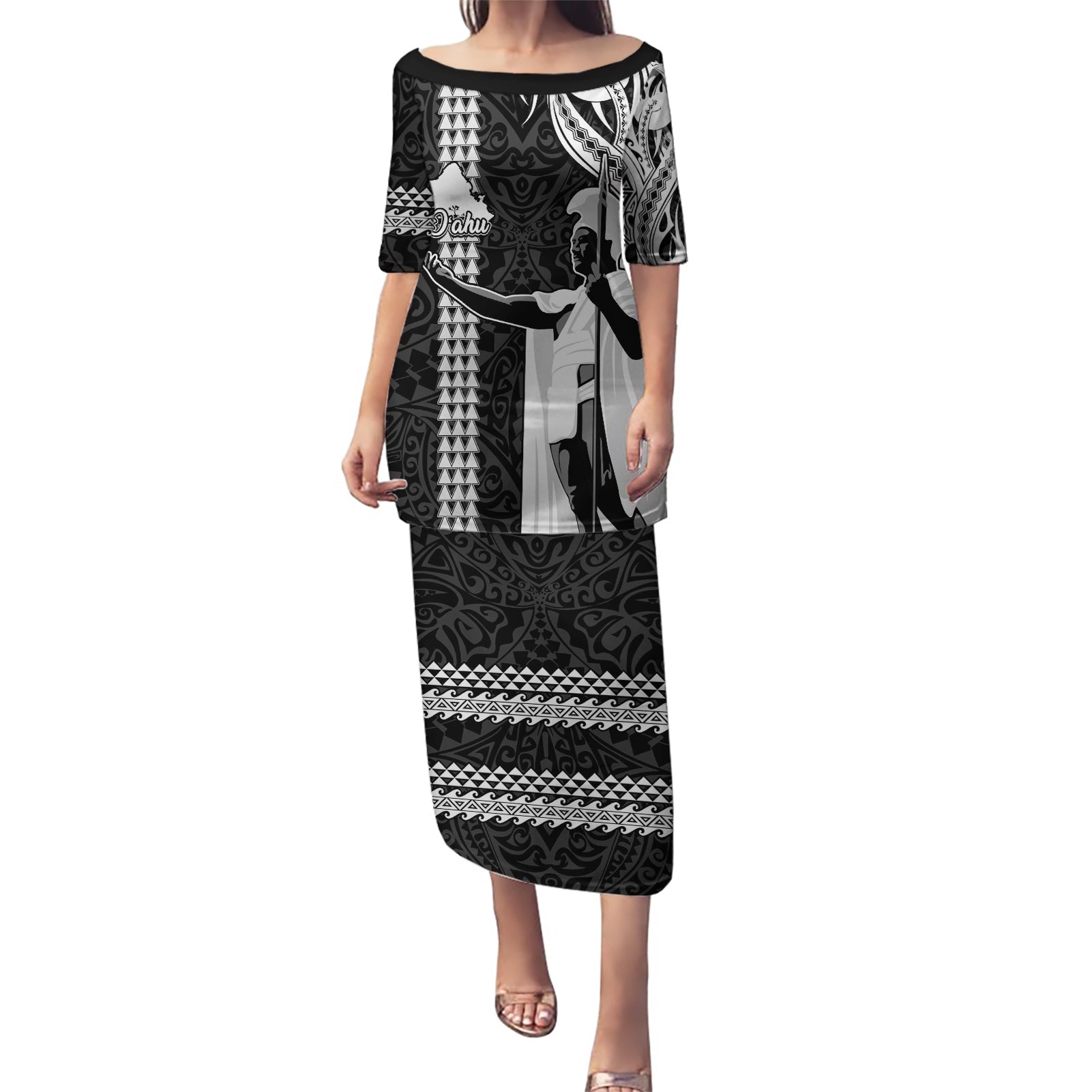 Hawaii Oahu Island Puletasi Hawaiian King and Kakau Symbols Abstract Shoulder Tattoo LT03 Long Dress Black - Polynesian Pride