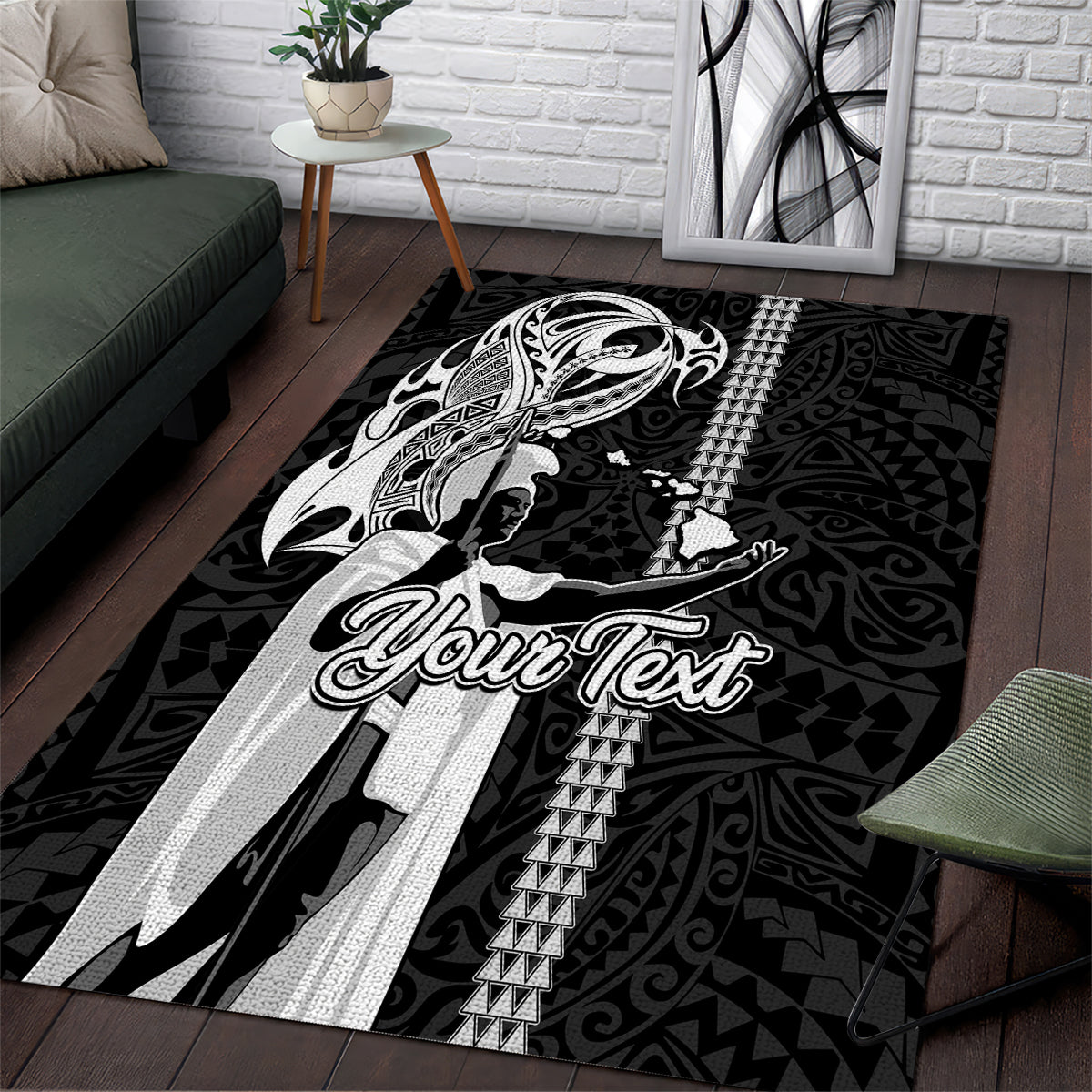 Custom Hawaii Oahu Island Area Rug Hawaiian King and Kakau Symbols Abstract Shoulder Tattoo LT03 Black - Polynesian Pride