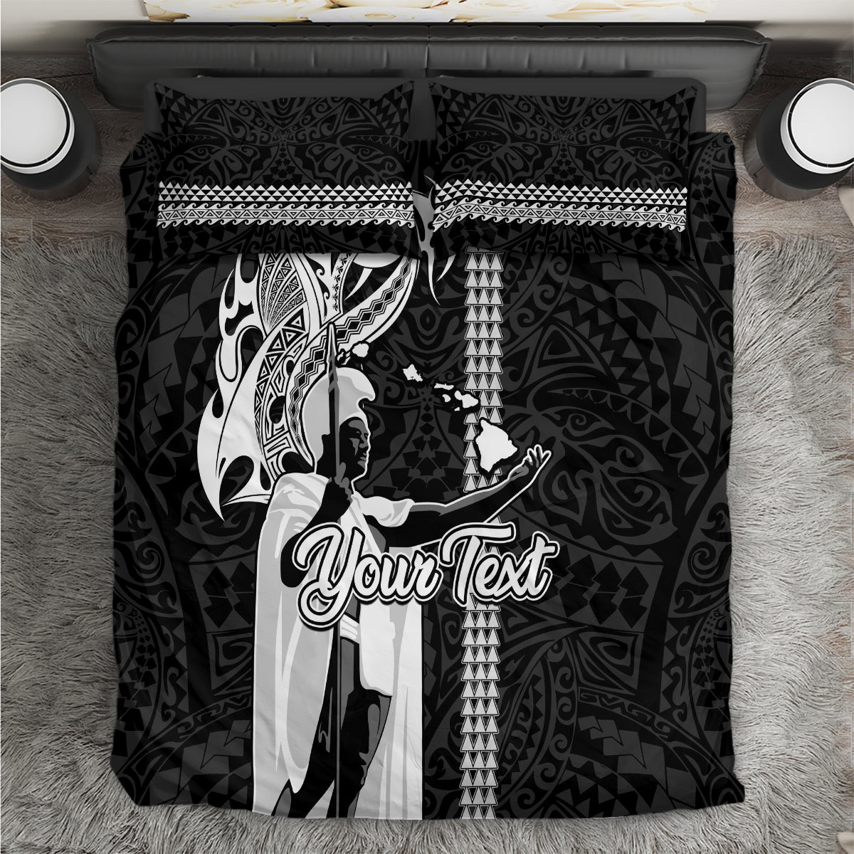 Custom Hawaii Oahu Island Bedding Set Hawaiian King and Kakau Symbols Abstract Shoulder Tattoo LT03 Black - Polynesian Pride