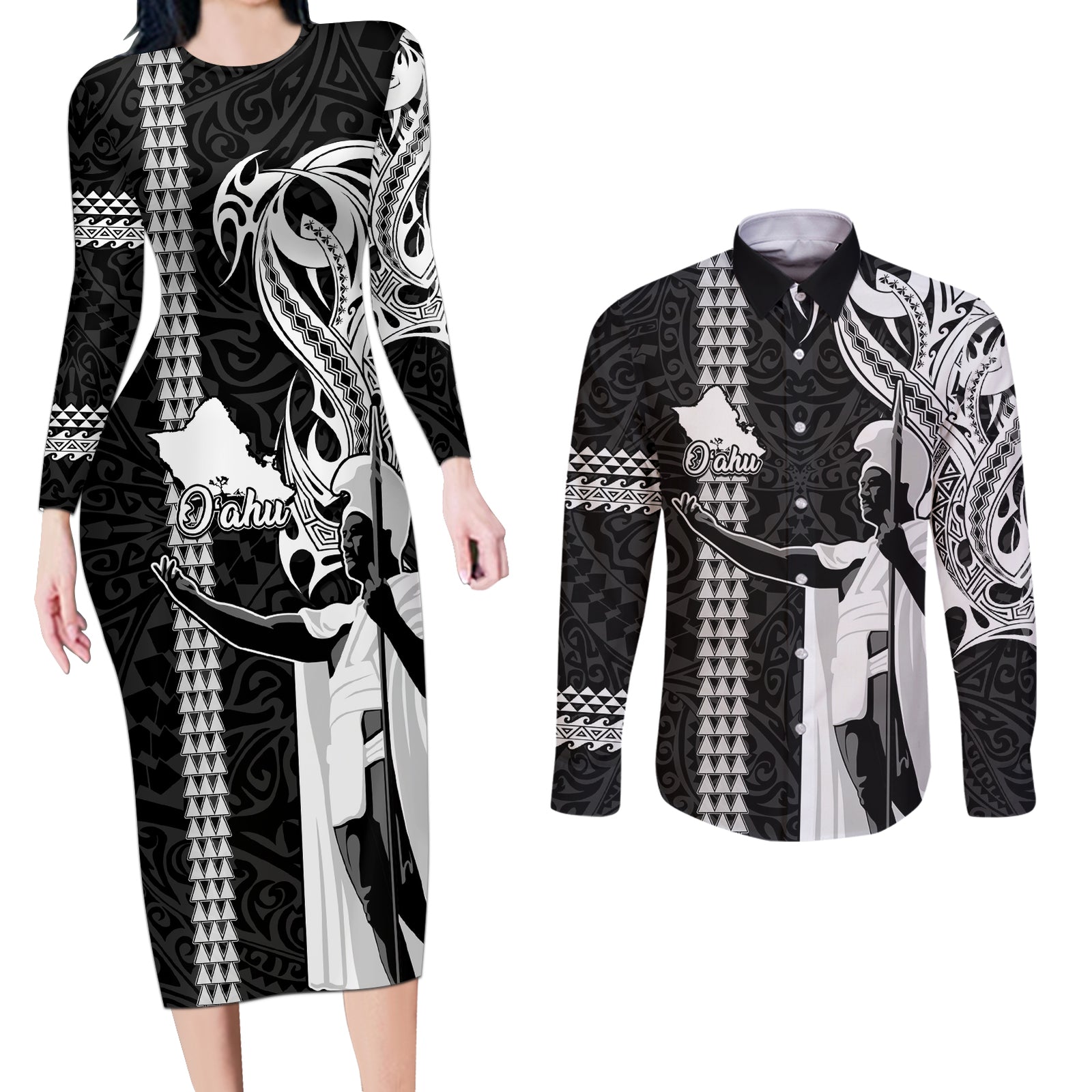 Custom Hawaii Oahu Island Couples Matching Long Sleeve Bodycon Dress and Long Sleeve Button Shirts Hawaiian King and Kakau Symbols Abstract Shoulder Tattoo LT03 Black - Polynesian Pride