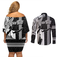 Custom Hawaii Oahu Island Couples Matching Off Shoulder Short Dress and Long Sleeve Button Shirts Hawaiian King and Kakau Symbols Abstract Shoulder Tattoo LT03 - Polynesian Pride