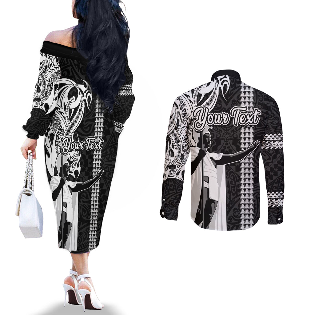 Custom Hawaii Oahu Island Couples Matching Off The Shoulder Long Sleeve Dress and Long Sleeve Button Shirts Hawaiian King and Kakau Symbols Abstract Shoulder Tattoo LT03 - Polynesian Pride