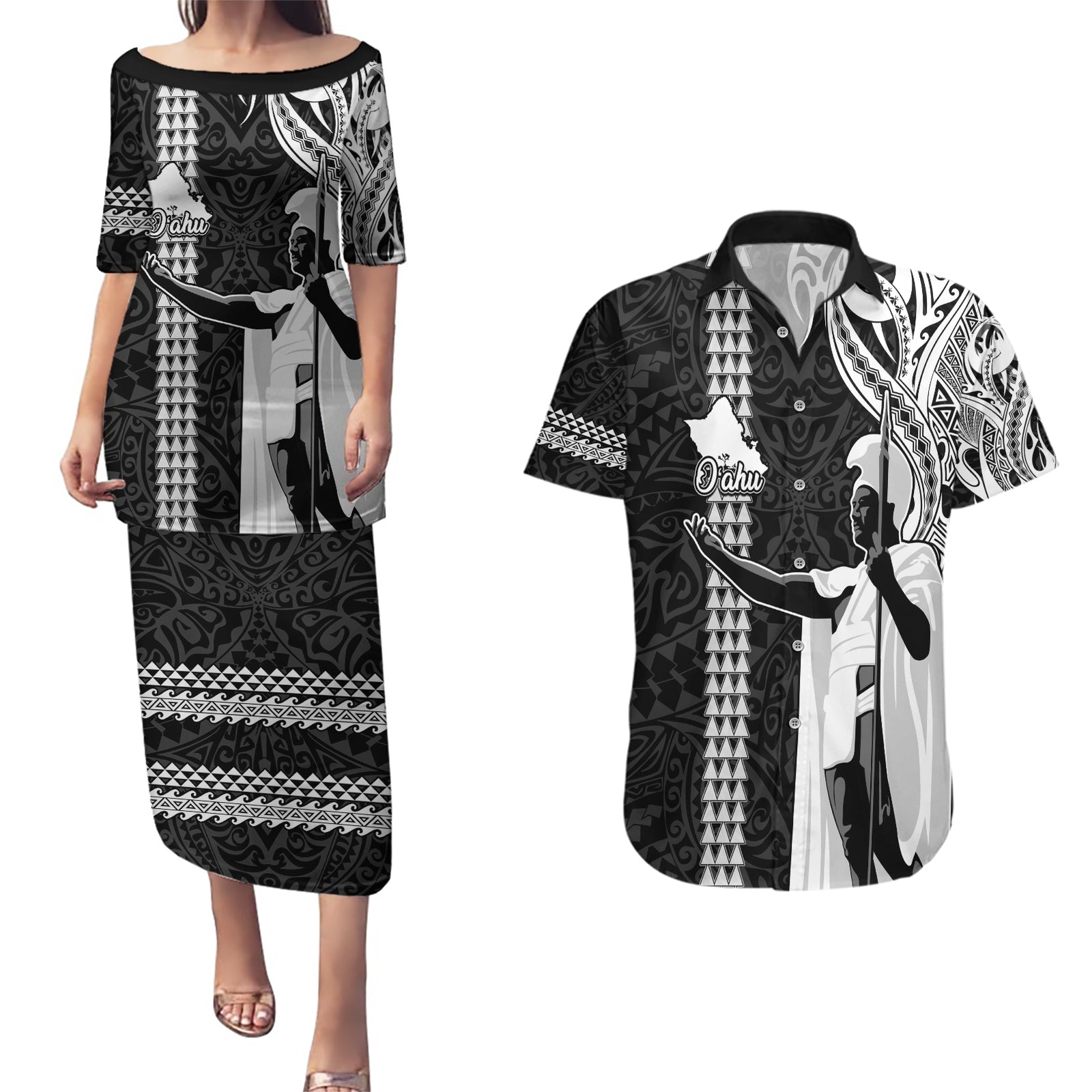 Custom Hawaii Oahu Island Couples Matching Puletasi Dress and Hawaiian Shirt Hawaiian King and Kakau Symbols Abstract Shoulder Tattoo LT03 Black - Polynesian Pride