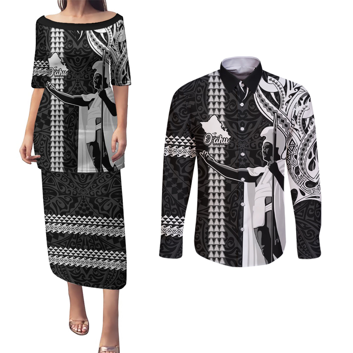 Custom Hawaii Oahu Island Couples Matching Puletasi Dress and Long Sleeve Button Shirts Hawaiian King and Kakau Symbols Abstract Shoulder Tattoo LT03 Black - Polynesian Pride