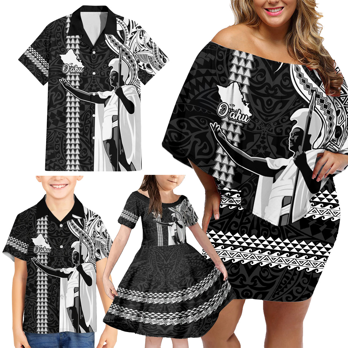 Custom Hawaii Oahu Island Family Matching Off Shoulder Short Dress and Hawaiian Shirt Hawaiian King and Kakau Symbols Abstract Shoulder Tattoo LT03 - Polynesian Pride