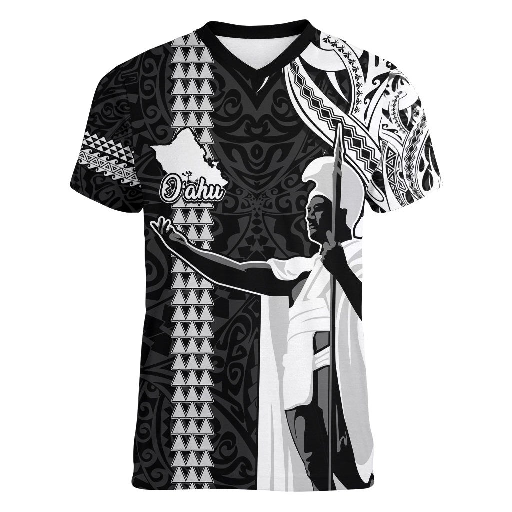 Custom Hawaii Oahu Island Women V Neck T Shirt Hawaiian King and Kakau Symbols Abstract Shoulder Tattoo LT03 Female Black - Polynesian Pride