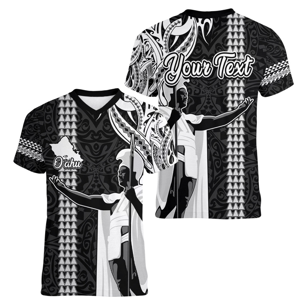 Custom Hawaii Oahu Island Women V Neck T Shirt Hawaiian King and Kakau Symbols Abstract Shoulder Tattoo LT03 - Polynesian Pride