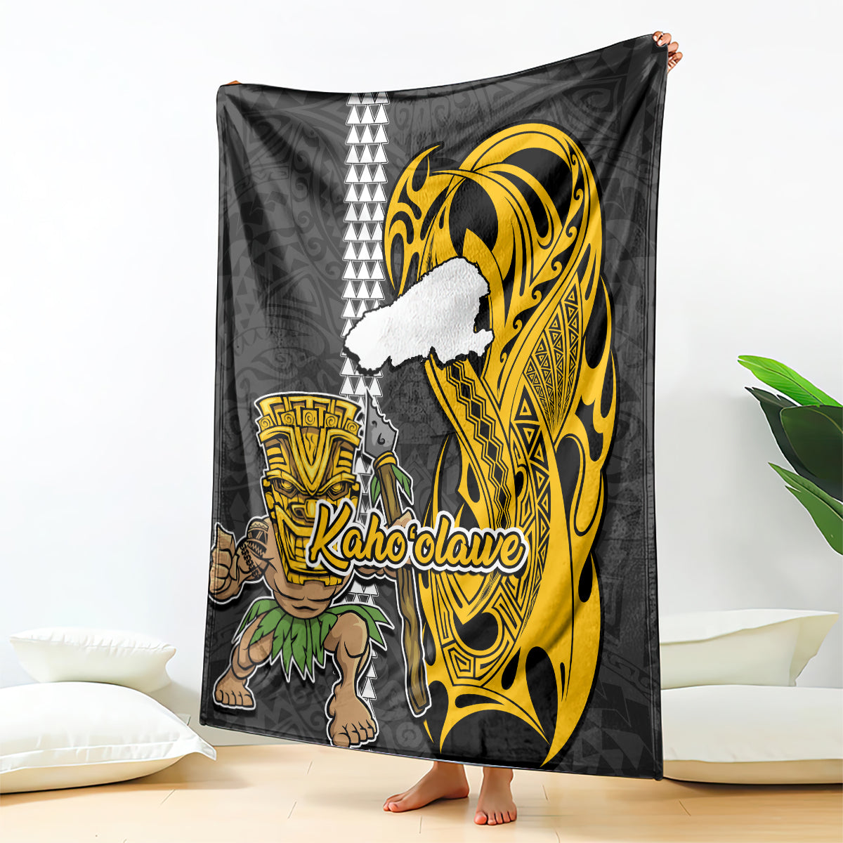 Hawaii Kahoolawe Island Blanket Hawaiian Warrior and Kakau Symbols Abstract Tattoo LT03 Yellow - Polynesian Pride