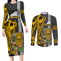 Hawaii Kahoolawe Island Couples Matching Long Sleeve Bodycon Dress and Long Sleeve Button Shirts Hawaiian Warrior and Kakau Symbols Abstract Tattoo LT03 Yellow - Polynesian Pride