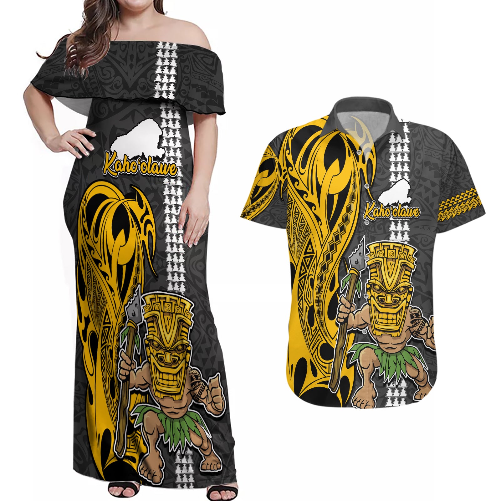 Hawaii Kahoolawe Island Couples Matching Off Shoulder Maxi Dress and Hawaiian Shirt Hawaiian Warrior and Kakau Symbols Abstract Tattoo LT03 Yellow - Polynesian Pride