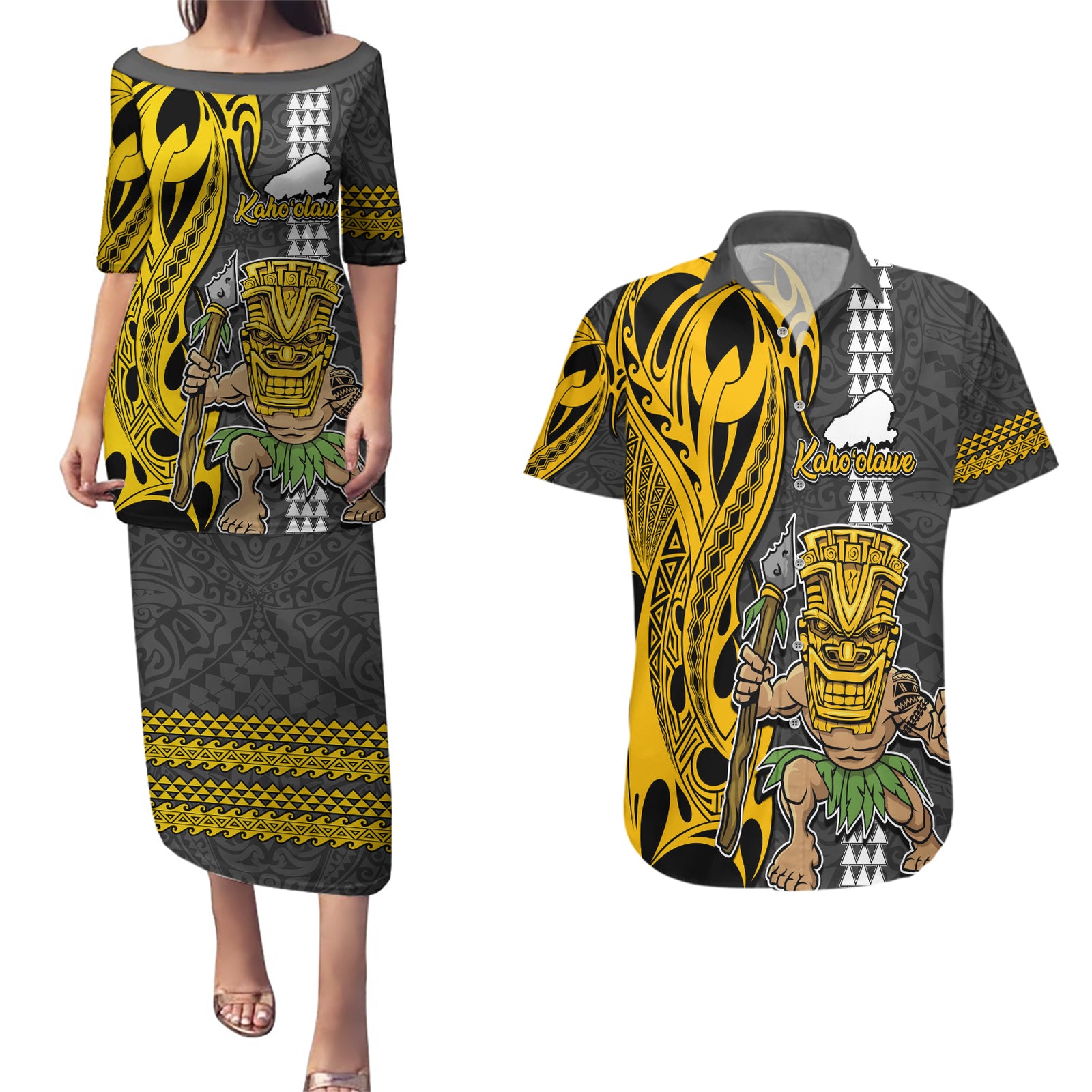 Hawaii Kahoolawe Island Couples Matching Puletasi Dress and Hawaiian Shirt Hawaiian Warrior and Kakau Symbols Abstract Tattoo LT03 Yellow - Polynesian Pride