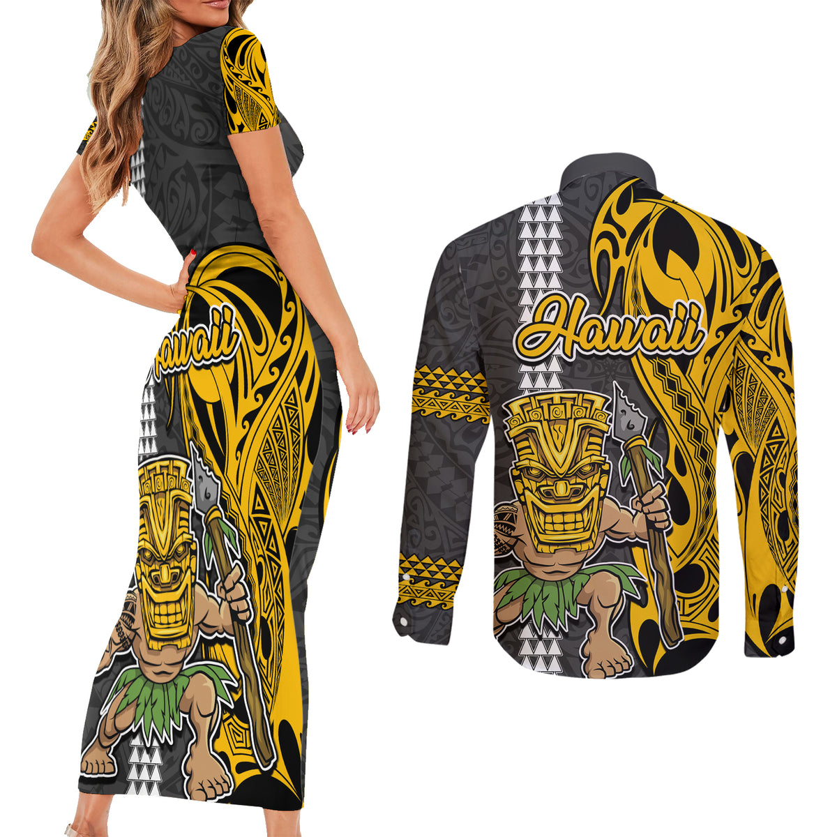 Hawaii Kahoolawe Island Couples Matching Short Sleeve Bodycon Dress and Long Sleeve Button Shirts Hawaiian Warrior and Kakau Symbols Abstract Tattoo LT03 - Polynesian Pride